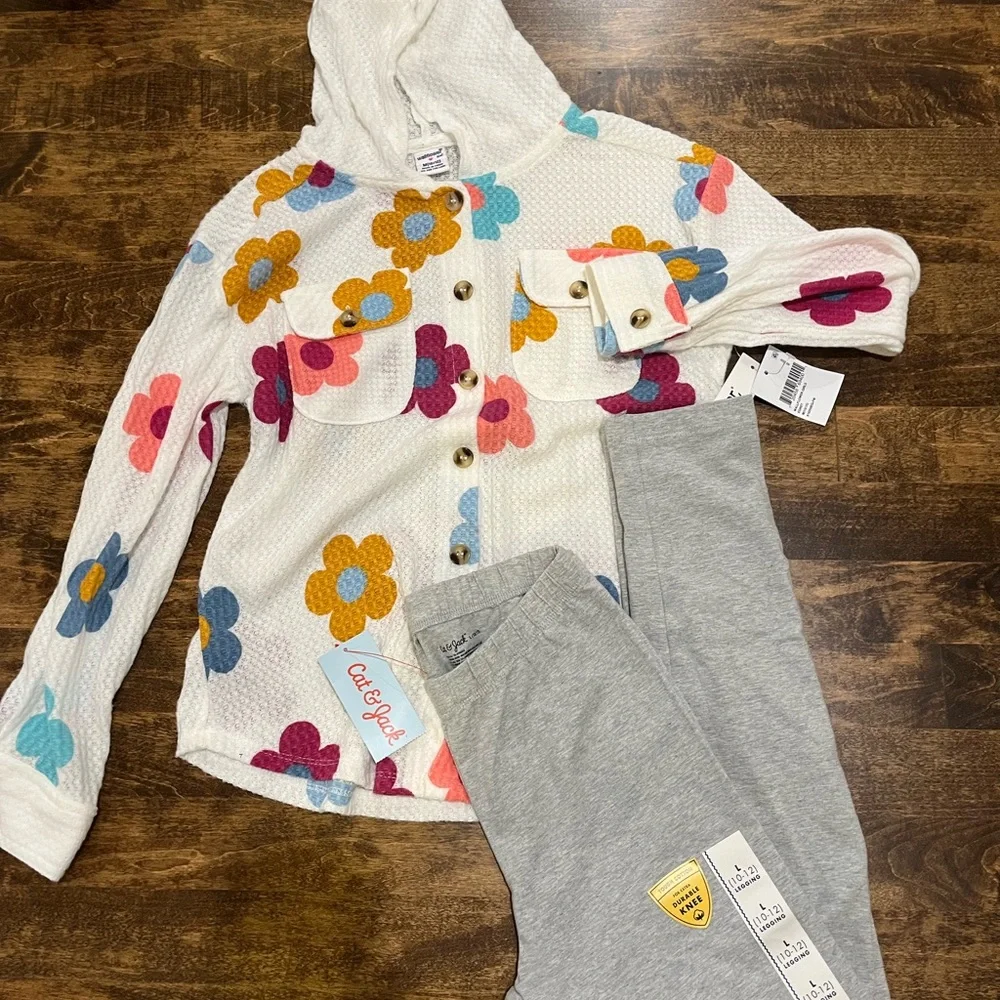 Floral Kids Hoodie button up thermal with Multicolor Flowers and grey leggings